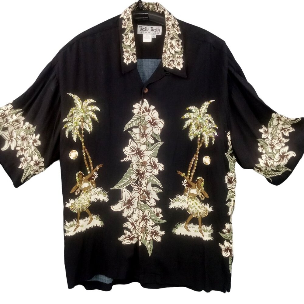 Vintage Baik Baik Honolulu  Black Hawaiian Shirt Size L Sequins Beaded Hula Surf